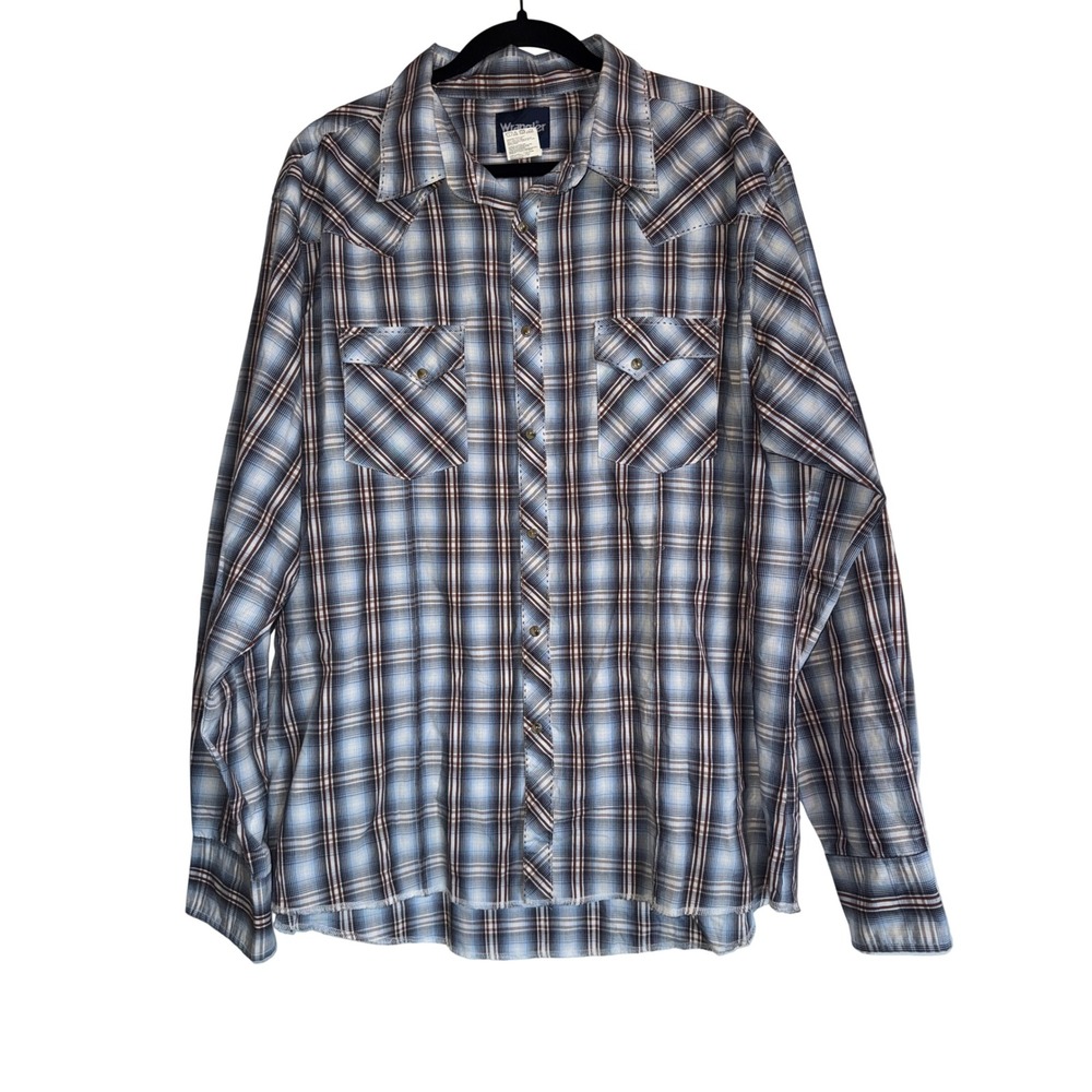 Wrangler Men's XXL Western Plaid Pearl Snap Front Long Sleeve Shirt Blue Brown